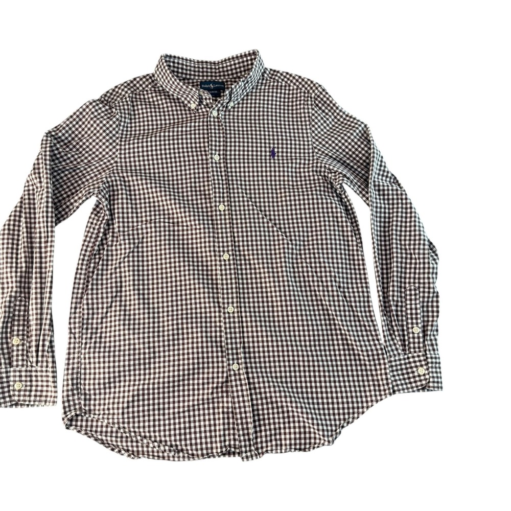 Ralph Lauren Boys XL 18-20 Brown Gingham Button Down Shirt Slim‎ Fit Purple Pony
